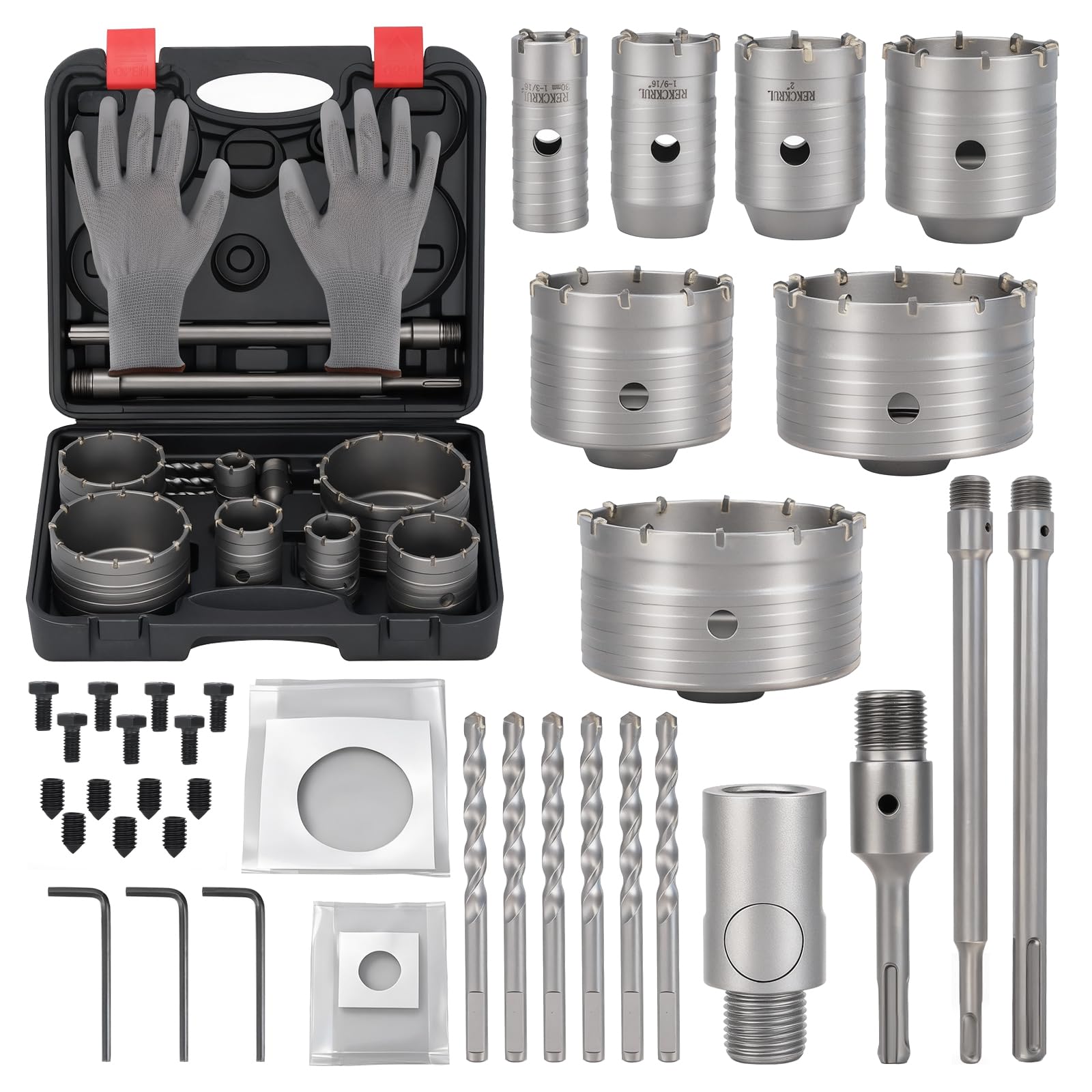 REKCKRUL Professional 39PCS Concrete Hole Saw Kit with SDS Plus & Max Shank, 30/40/50/65/80/100/110mm Masonry Hole Cutter Set for Concrete, Brick, Cement, Stone, Wall Drilling — image 1
