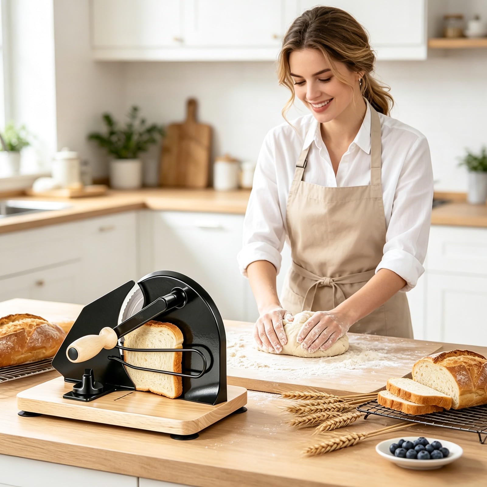 Brotschneidemaschine Manuell, Manuelle Brotschneidemaschine mit Einstellbarer Scheibendicke, Edelstahlklinge, Rutschfeste Saugnäpfe, Gleichmäßige Brotscheiben für Selbstgemachtes Brot & Sauerteigbrot