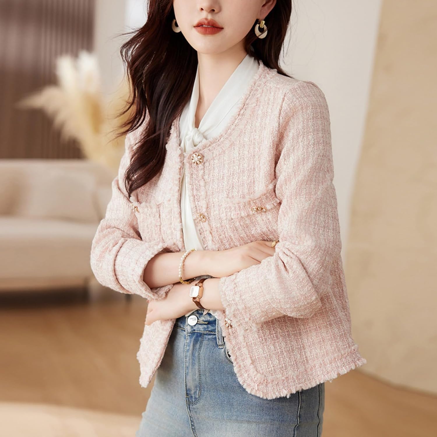 Giacca Elegante in Tweed da Donna Giacca Corta Coreana Slim retrò con Scollo Rotondo Giacca Monopetto Casual da Lavoro alla Moda