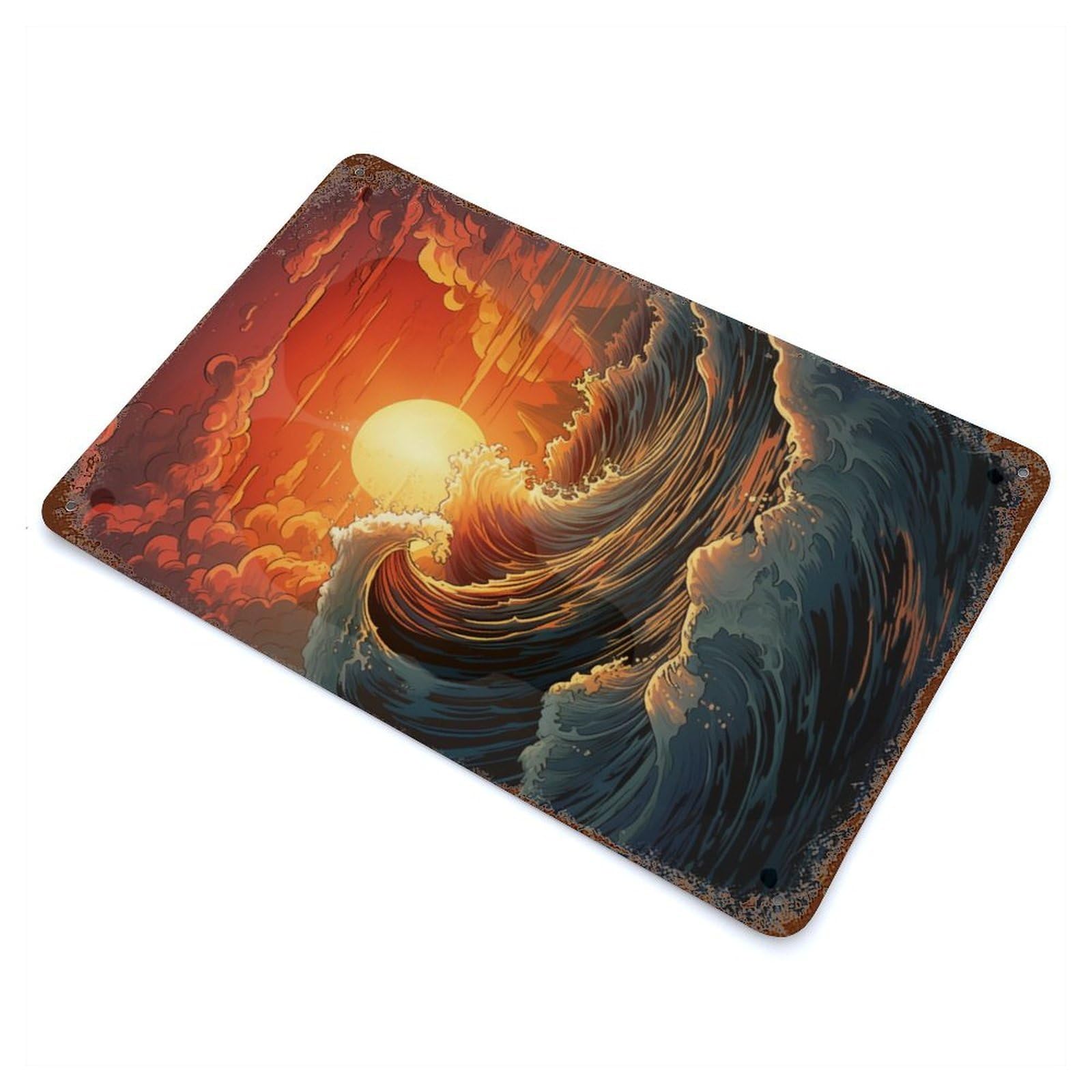 Ocean Waves Sunset Rusty Metal Tin Sign 11.8"x7.9", Ideal for Farmhouse, Kitchen And Entryway Decor