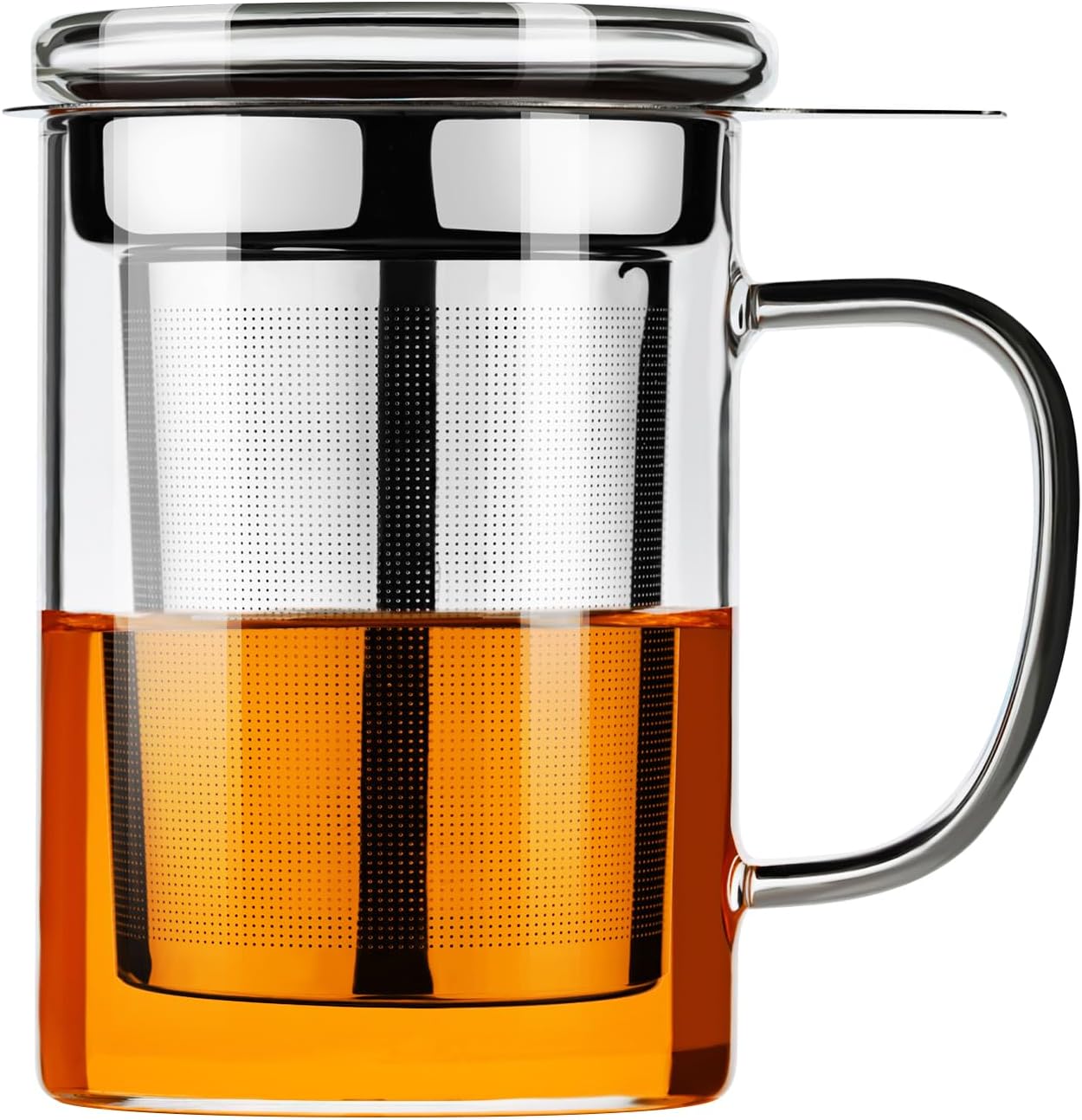 PARACITY Tea Cup, Borosilicate Clear Glass Mug with Removable Stainless Steel Infuser and Lid, 15oz/450ml Stove Safe, Loose Tea Cup, Gift for Family and Friends