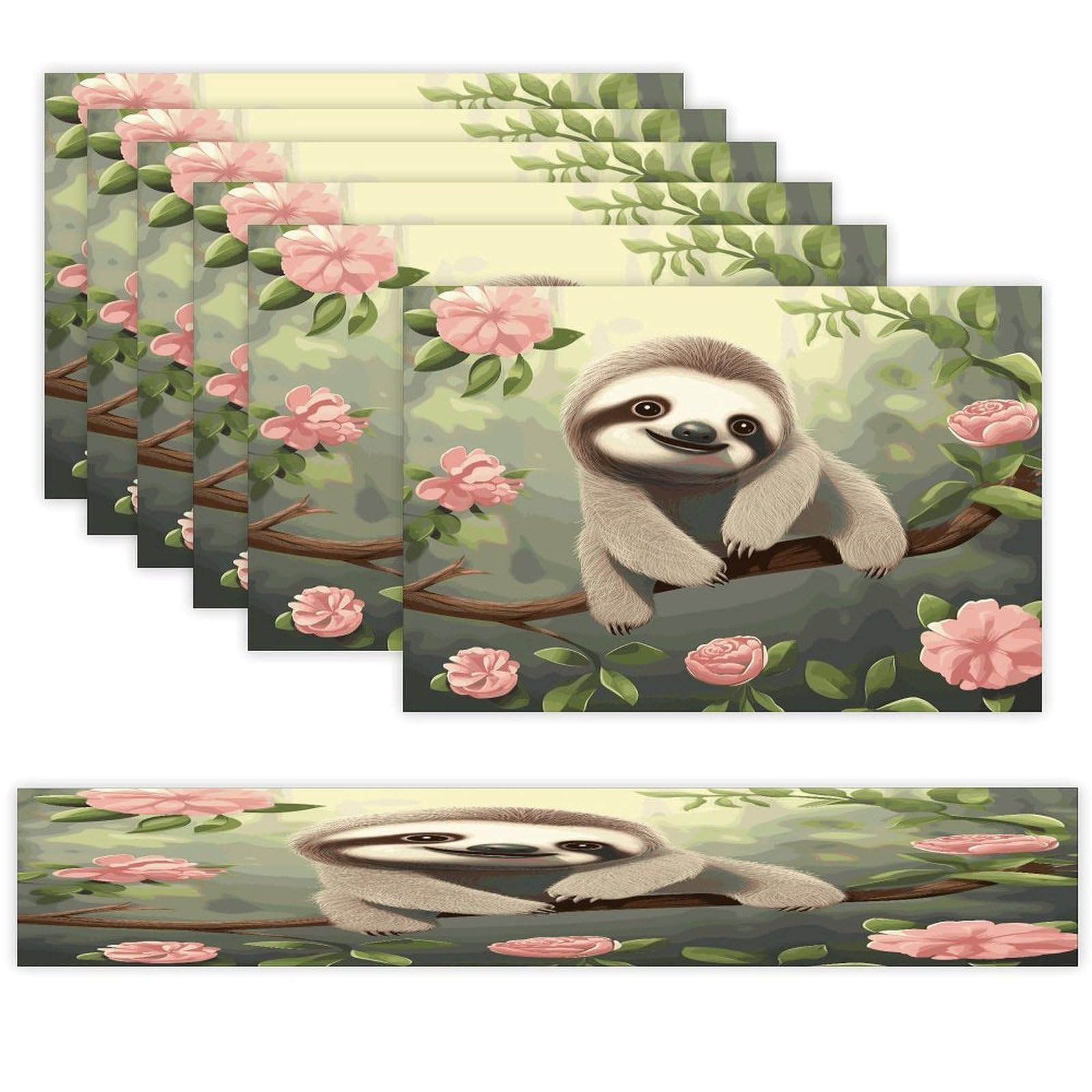 Cute Baby Sloth Table Runner and Placemats Set of 6 for Kitchen Washable Table Mats Heat Resistant Place Mats Non-Slip Place Mat Wipeable Placemat(6 Placemats+1 Table Runner)