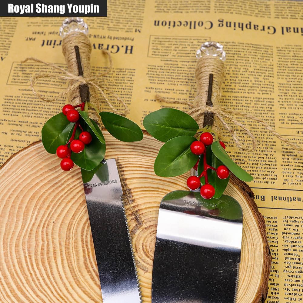 Royal Shang Youpin 2 Pieces Hand Tied Flower Cake Knife Shovel Server Set Stainless Steel Cake Knife Shovel Baking Props Bread Knife Wedding Souvenir Gifts (E)