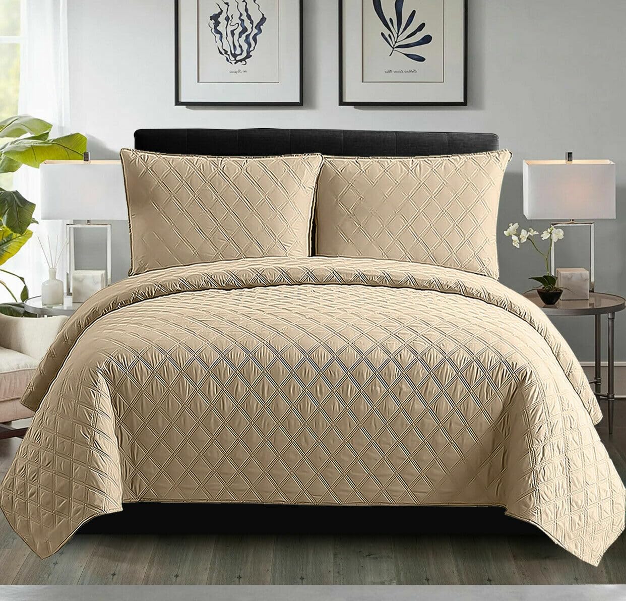 Stylish Home London Inspiration Quilted Bedspreads King Size, Soft Microfiber Lightweight Quilted Bedspreads Coverlet All Season Bedding Set (Beige, King (240 x 240 cm))