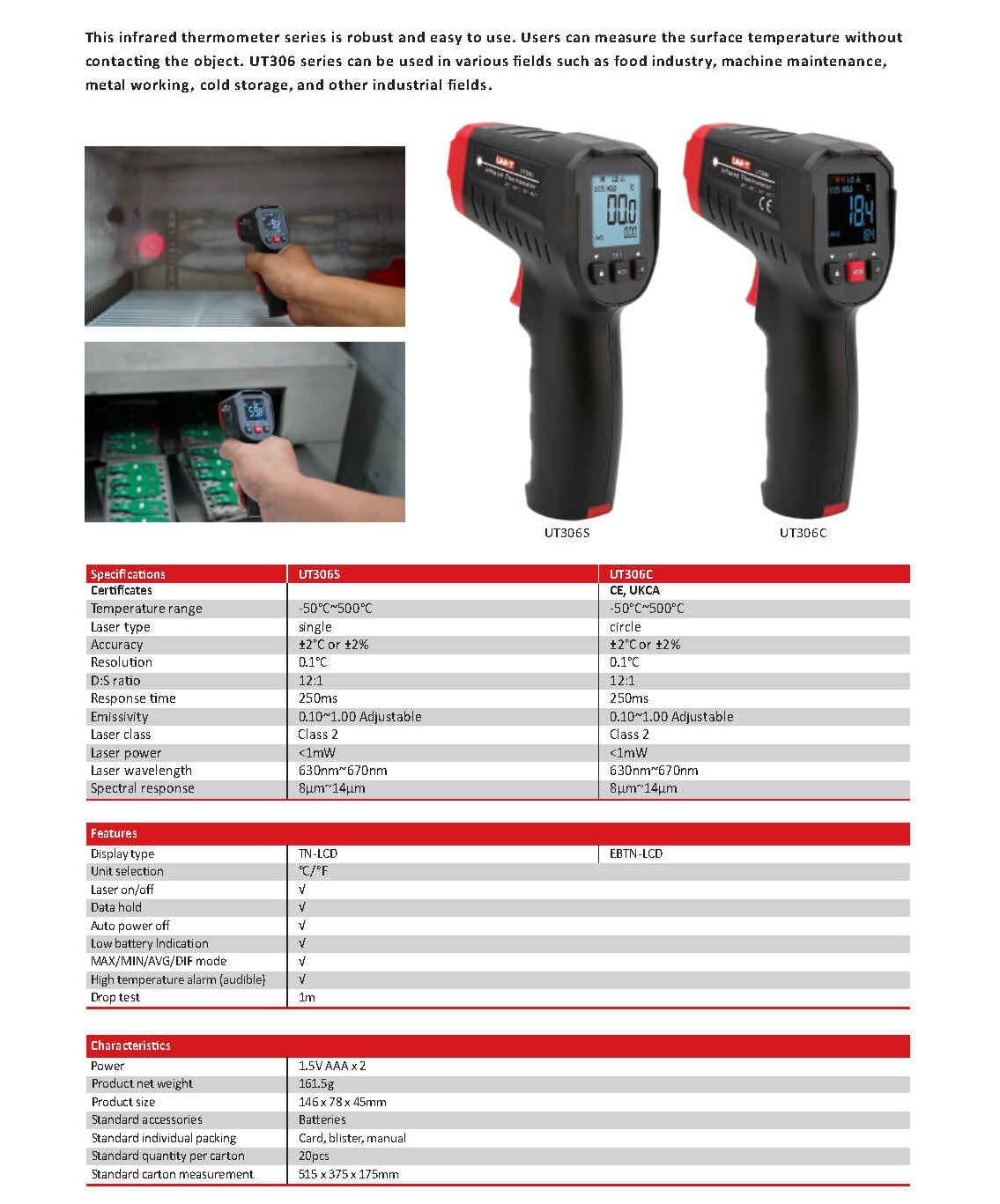 UNI-T Digital Thermometer UT306S Non-Contact Industrial Infrared Laser Temperature Meter Temperature Gun Tester-50-500(UT306S)