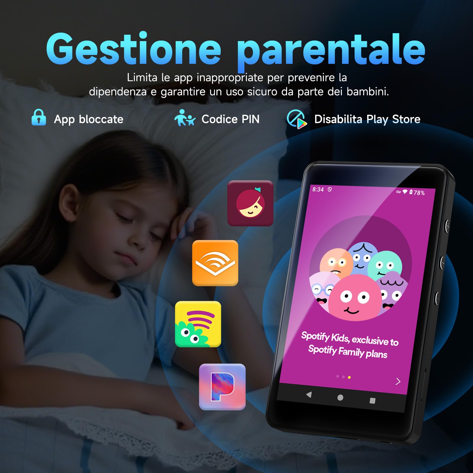 Lettore MP3 Android 14 con Spotify, Play Store, Amazon Music, Audible, Libby, lettore musicale MP4 con touch screen da 4" per bambini con controllo parentale, modalità Eye-Care (Nero lucido)