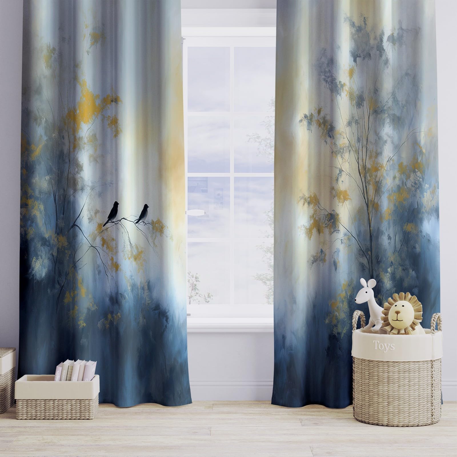 Grau Blickdicht Vorhänge für Wohnzimmer Gemälde Baum Vogel Verdunklungsvorhang mit Ösen, Blickdicht Gardinen Thermovorhang für Schlafzimmer Deko 2er Set, H 260 x B 140 cm