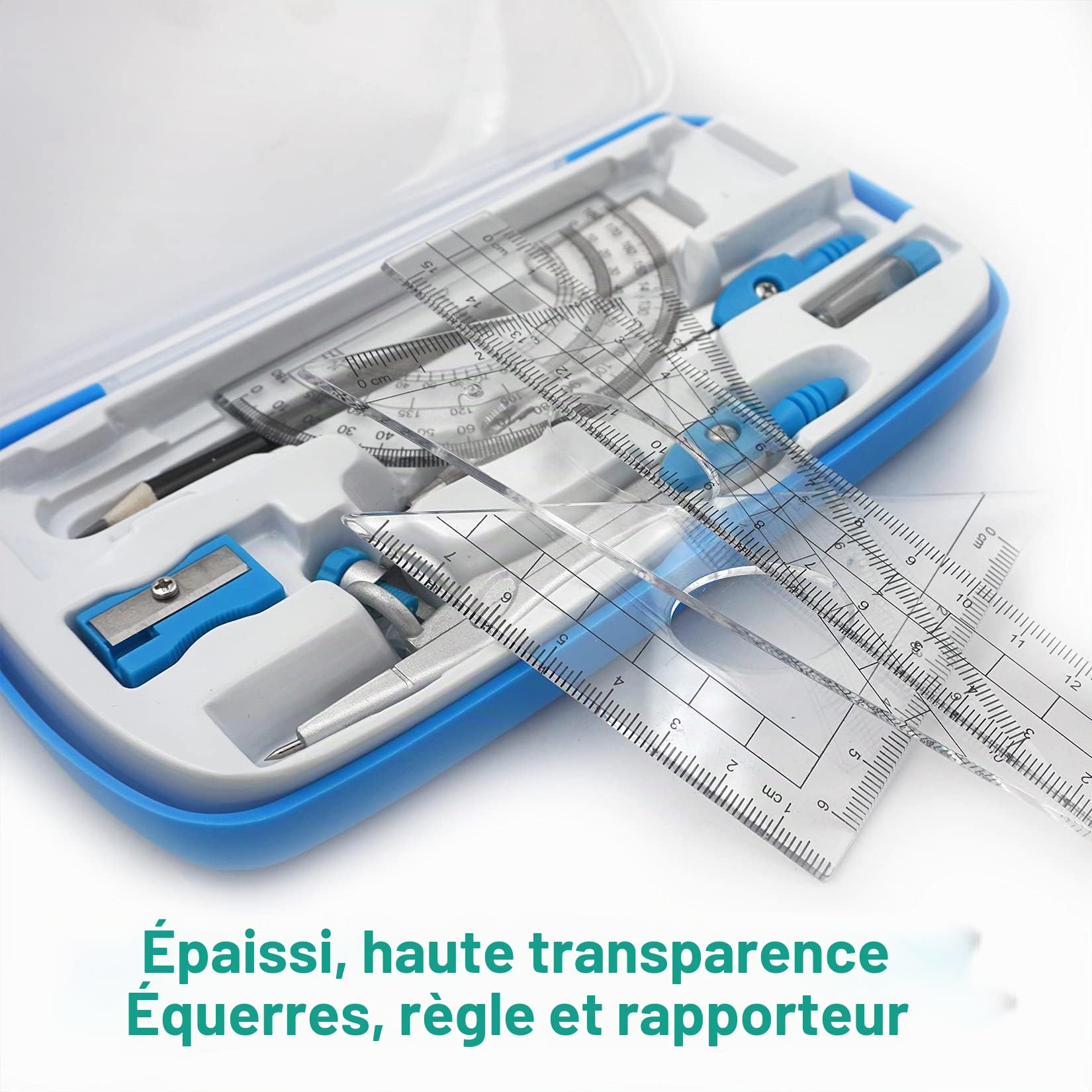 Akuoly Ensembles de géométrie Dessin Compas, Règles, rapporteur, pour étudiants, Kit de géométrie mathématiques, Bleu