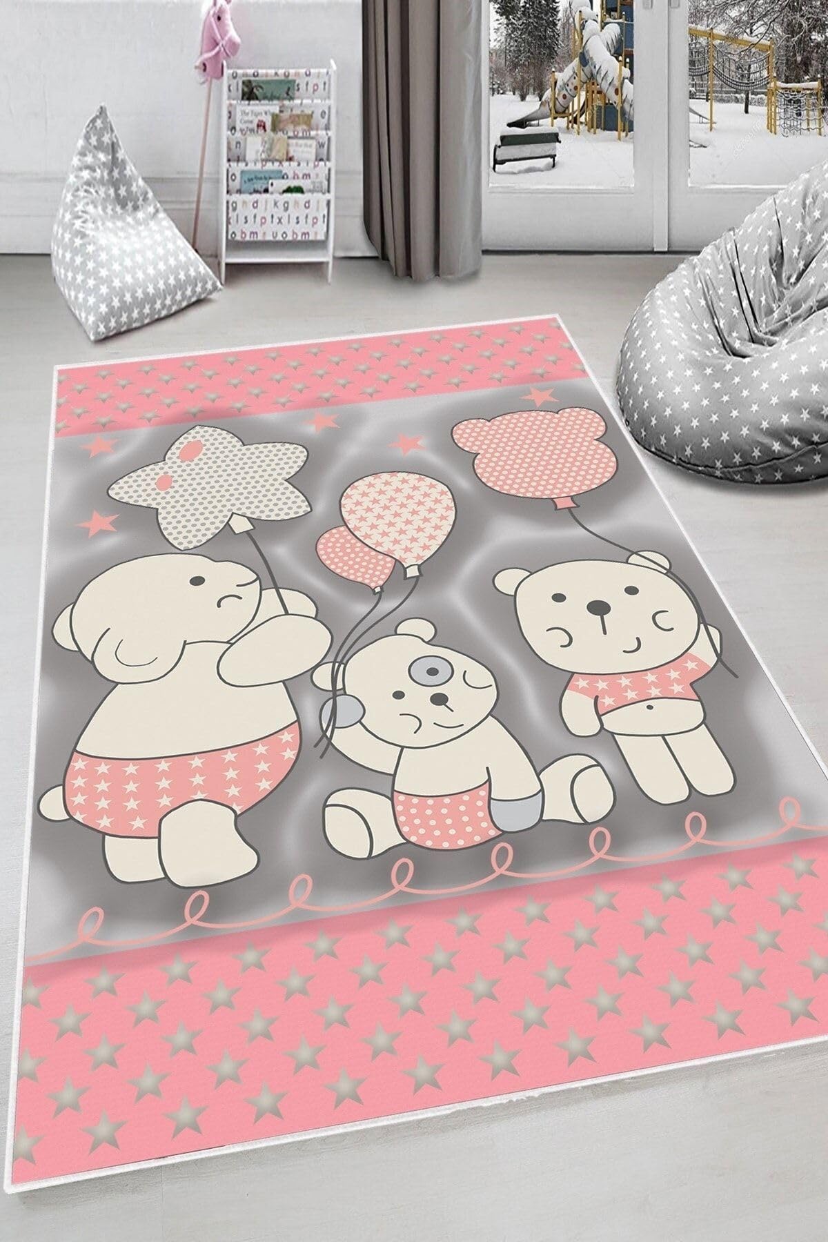 Pelangi Pembe Sevimli Hayvan Desenli Yıkanabilir Kaymaz Taban Leke Tutmazbebek Ve Çocuk Odası Halısı, Pembe 160 x 300