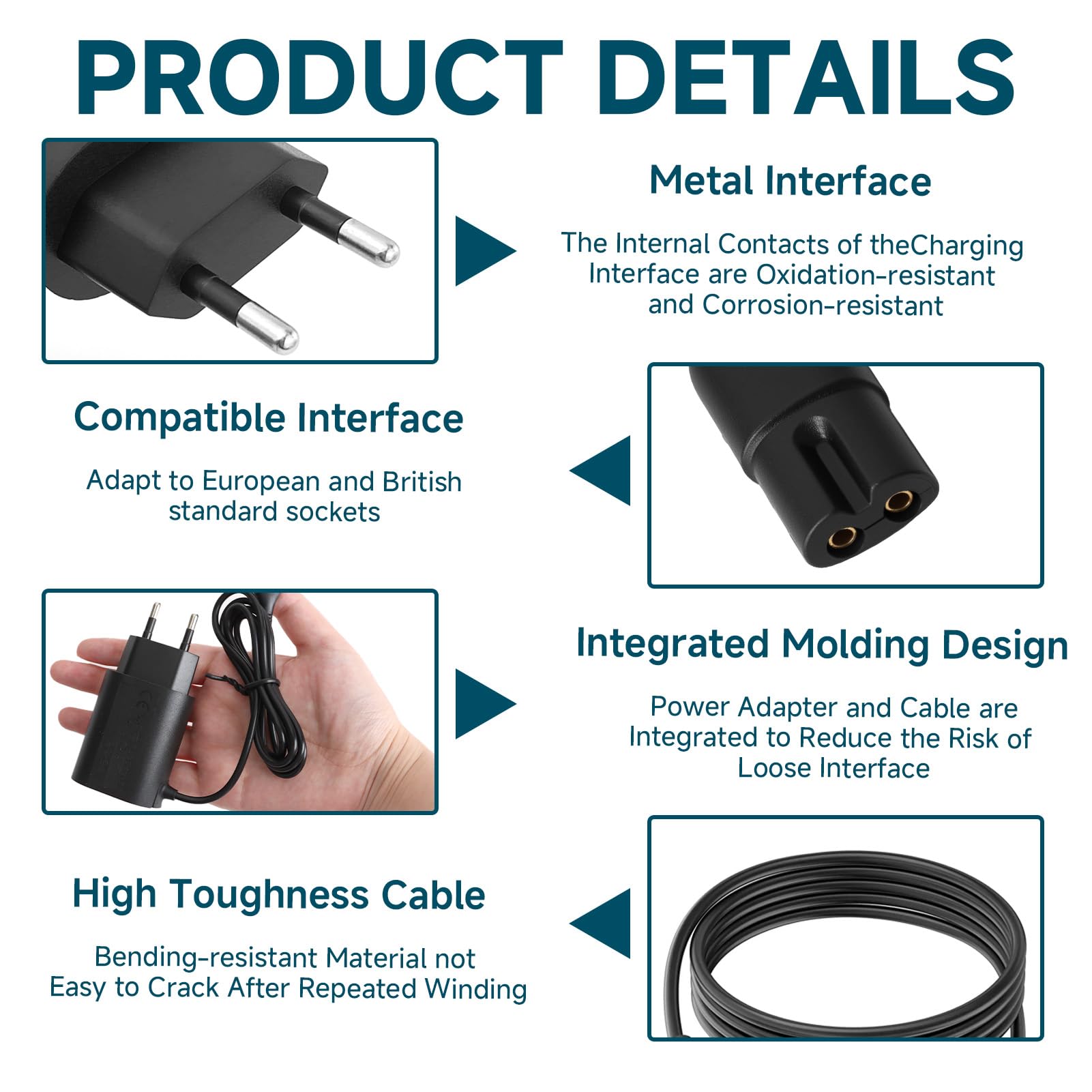 12V 0.4A Cargador Cable para Braun Series 7 6 9 9 Pro 5 4 3 2 1Cable Carga Maquinilla Adaptador Cargador Adaptador for Silk-épil 9 7 5 Maquina Afeitar Alimentación Cable Carga Charger Cortador Barba — view 3