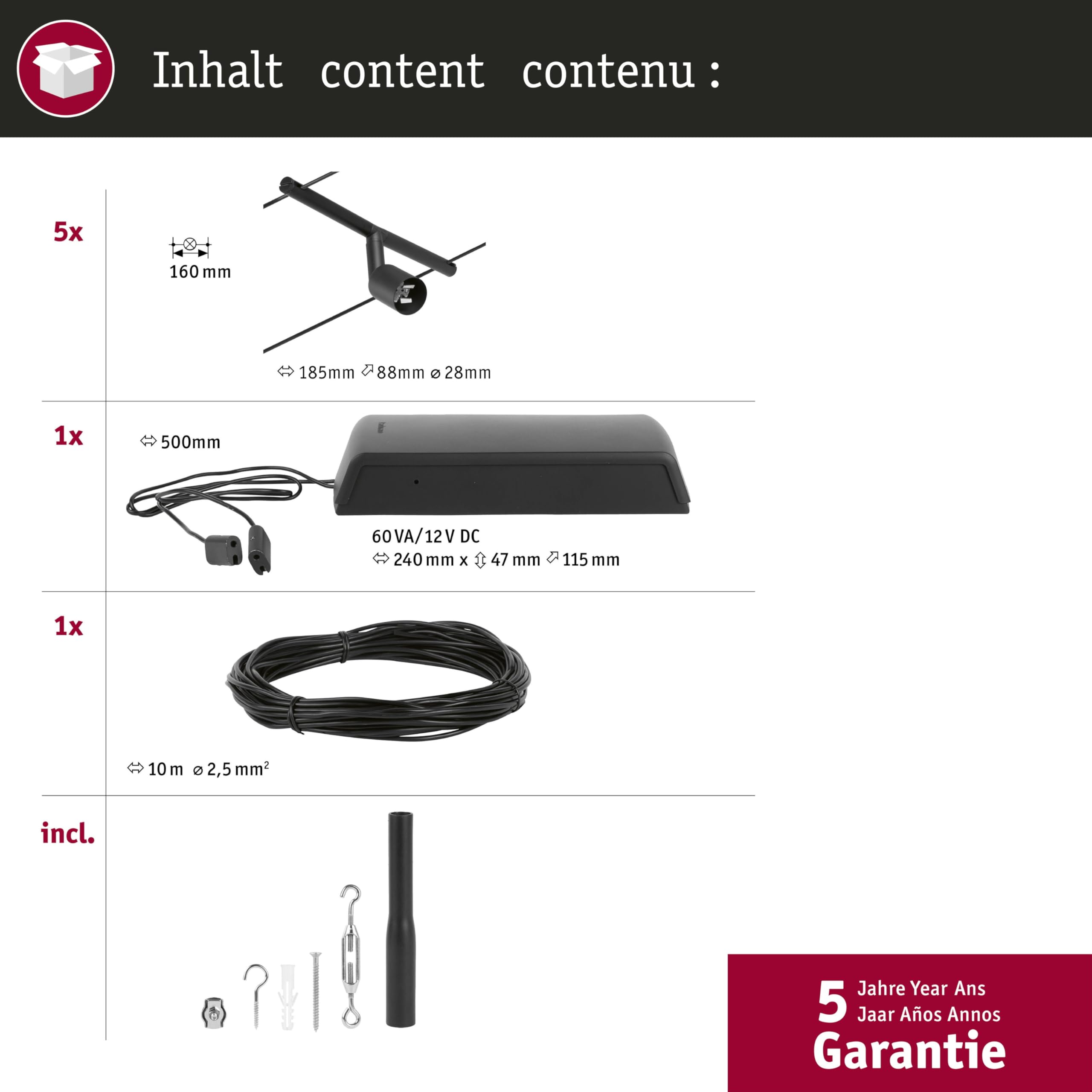 Paulmann CorDuo Seilsystem Set Salt DC max. 5x10 Watt Schwarz matt GU5,3 Drahtseilsystem