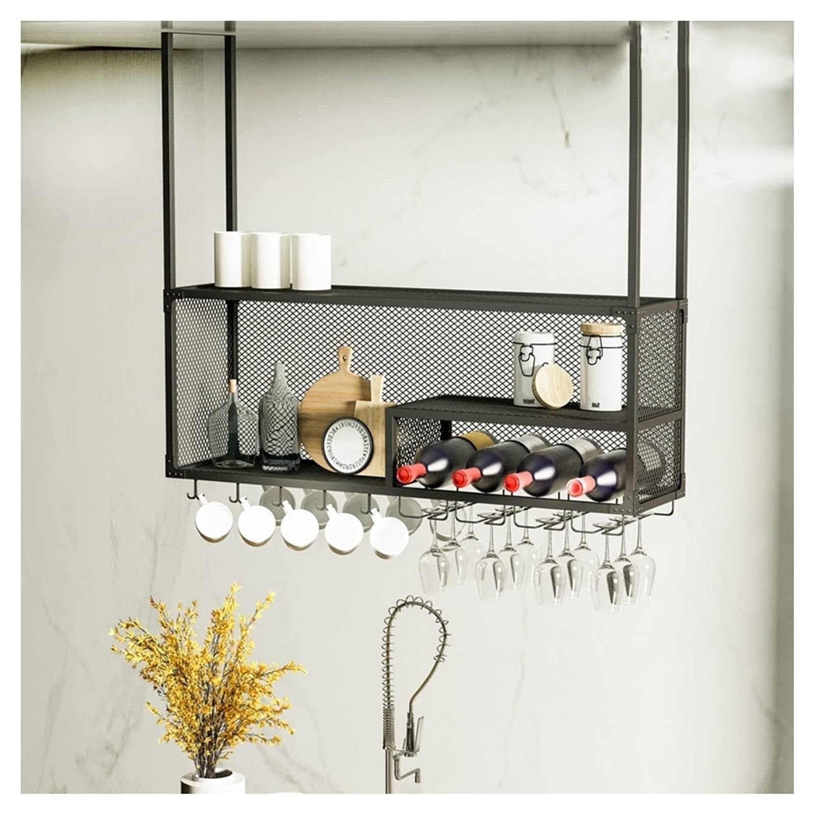 Aggancio da Bar, Portaoggetti Sospeso in Ferro Battuto, Griglia A Soffitto A Tre Livelli, Adatto A Casa, Bar, Bar (Color : Black, Size : 60X30X45CM)
