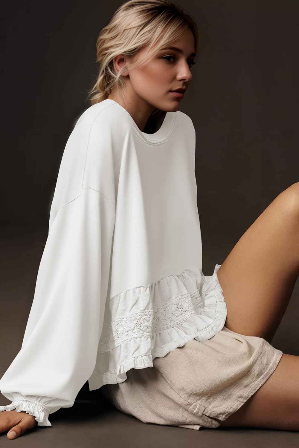 Crew Neck Crop Oversized Sweatshirts For Women Casual Long Puff Sleeve Babydoll Tops Loose Lace Patchwork Peplum Top