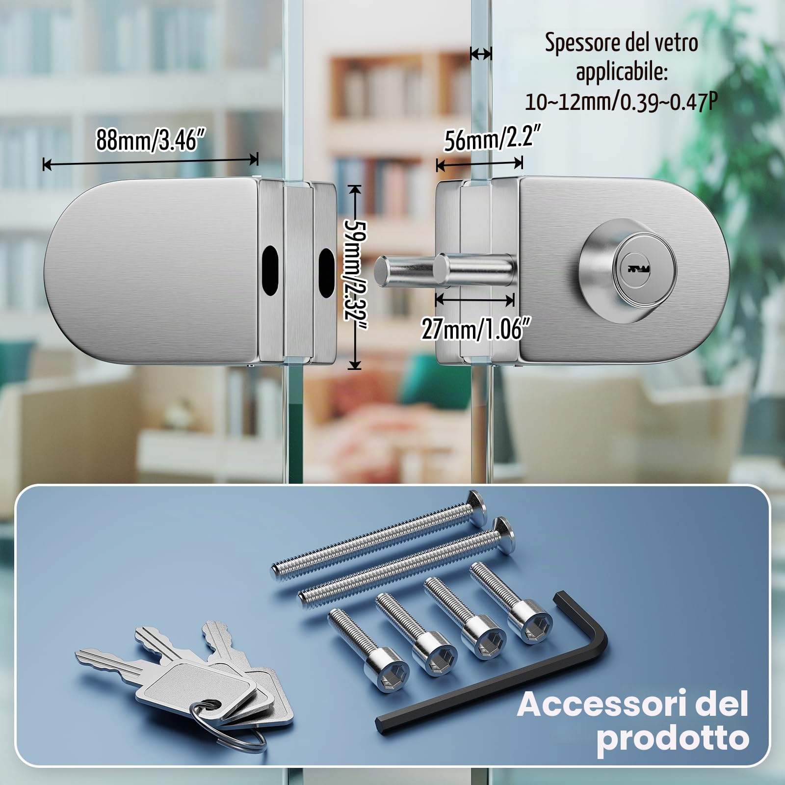Serratura per porta in vetro senza fori, finitura in nichel spazzolato, con chiave e pomello, compatibile con vetro temperato 10-12 mm, installazione rapida, design moderno, acciaio inox 304.