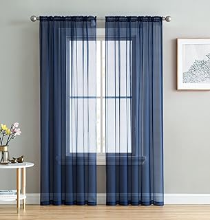 HLC.ME Navy Blue Sheer Voile Window Treatment Rod Pocket Curtain Panels for Bedroom and Living Room (54 x 84 inches Long, Set of 2)