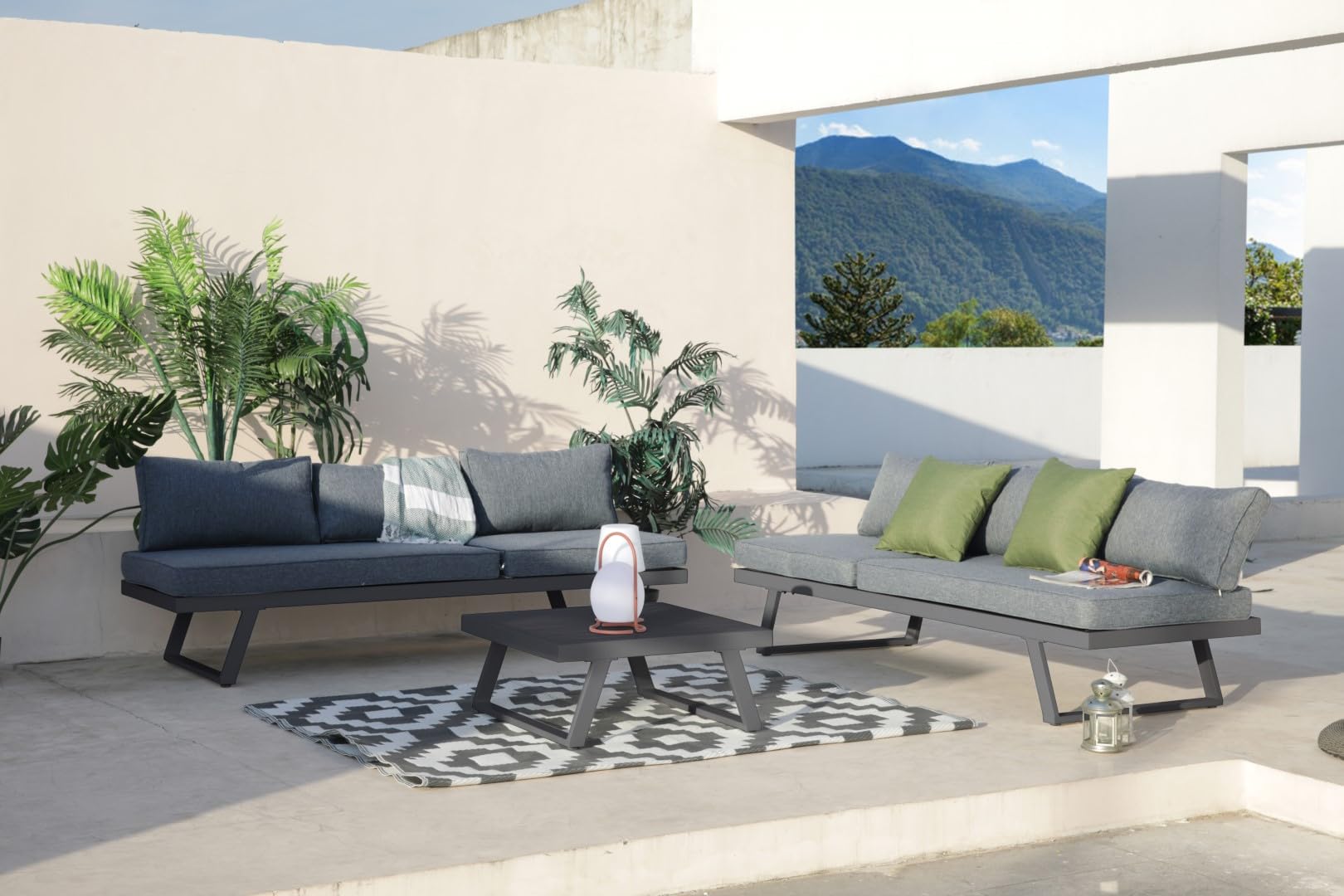 ALEOS. Gartenlounge Lounge aus Aluminium Multifunktionslounge Loungeecke Lounge Set Loungegarnitur Sitzgruppe Doppelliege Sofagarnitur Cancun grau anthrazit mit bequemen Kissen