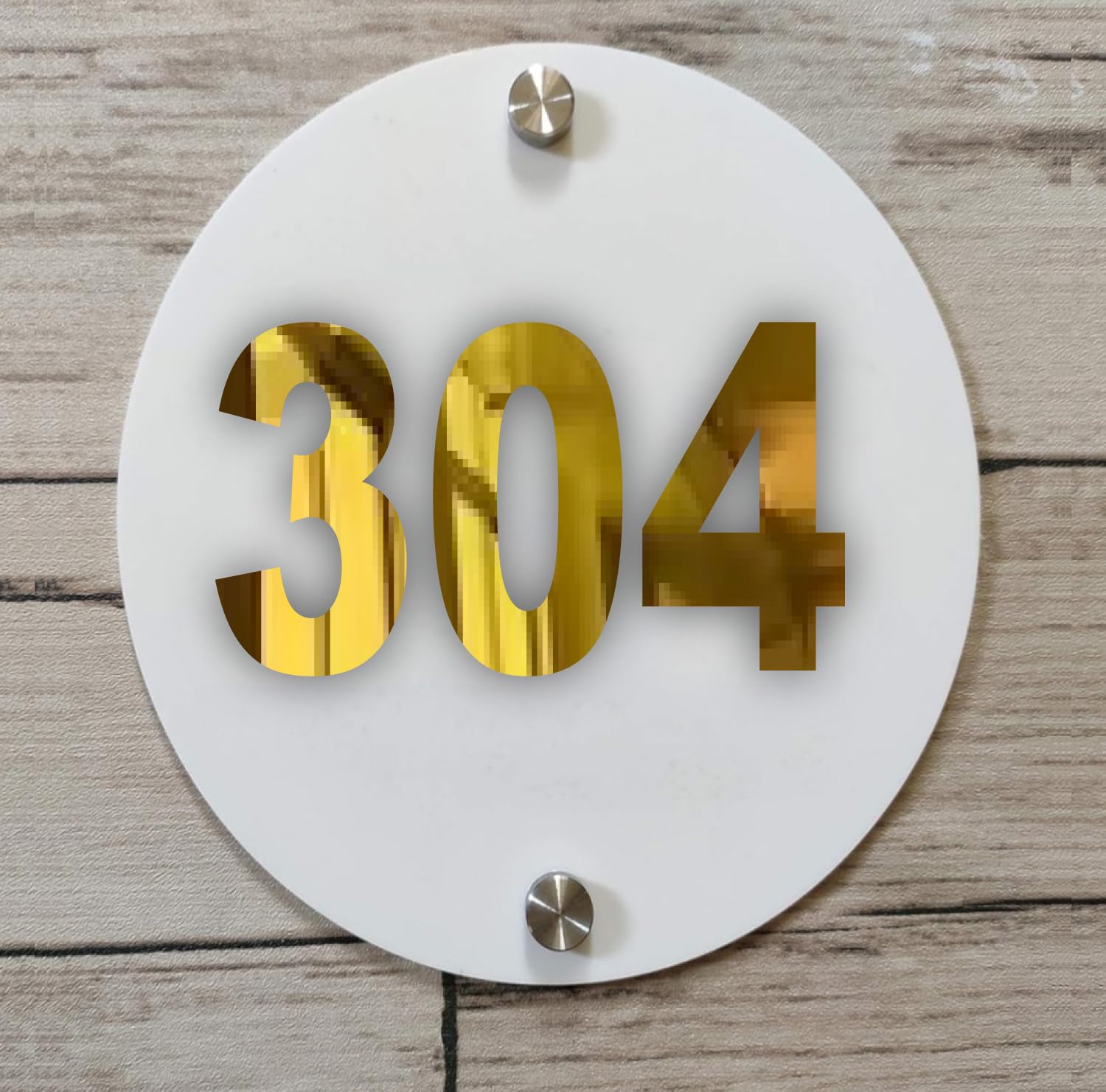 Room Number Plate No 304 | Mirror Gold with White Acrylic Number Plate with Double Side Tape On Backside