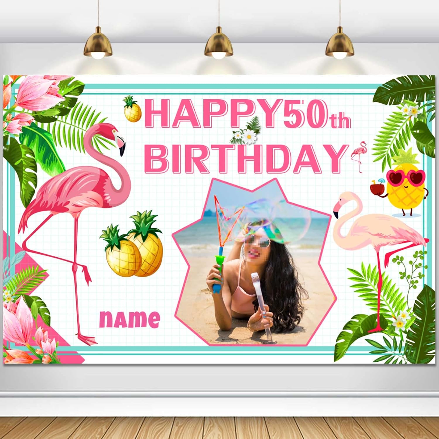 Custom Happy 50th Birthday Banner Flamingo Themed Party Decoration Backdrop Flamingo Banner Party Supplies Tropical Floral Photo Booth Hawaiian Themed Party Decoration for Luau Beach Party