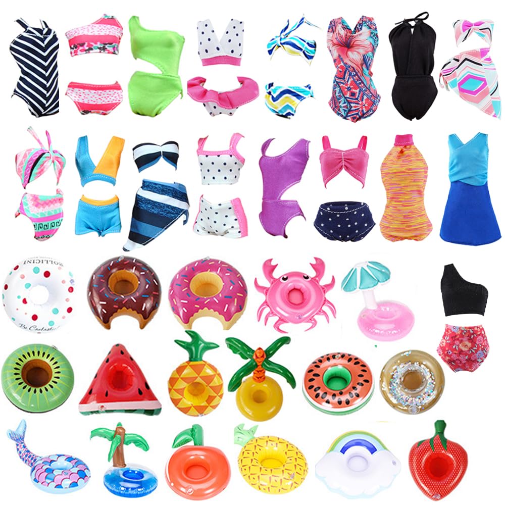 E-TING 11 Items= 3Pcs Doll Beach Bikini Swimsuit + 3Pcs Swim Ring + 5Pairs Shoes for 11.5 inch Girl Doll（Random Style）