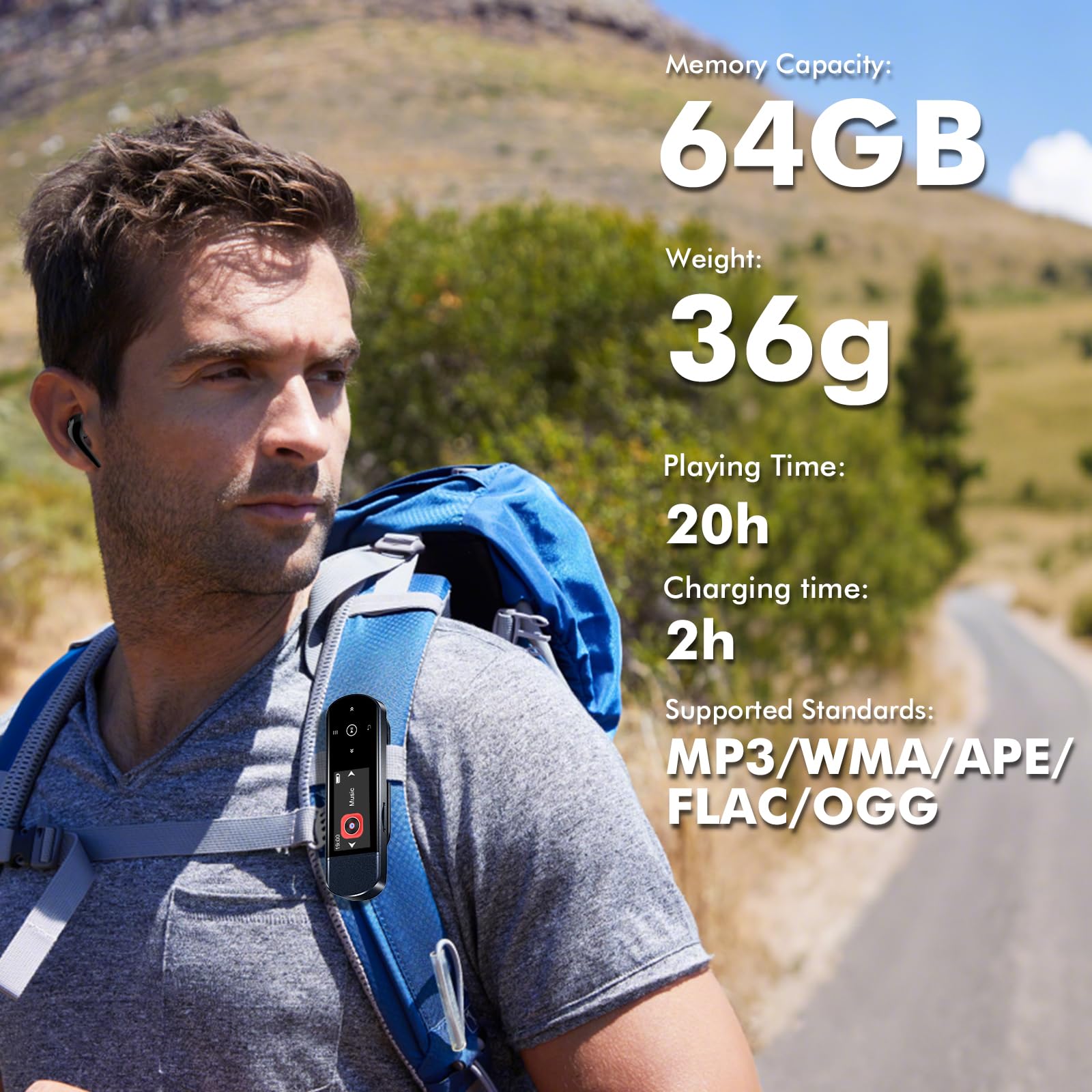 64GB Tragbarer USB MP3 Player mit Bluetooth 5.3, Clip für Sport & Laufen, FM Radio, Voice Recorder, Handy-Dateiübertragung & digitaler Audio-Shuffle