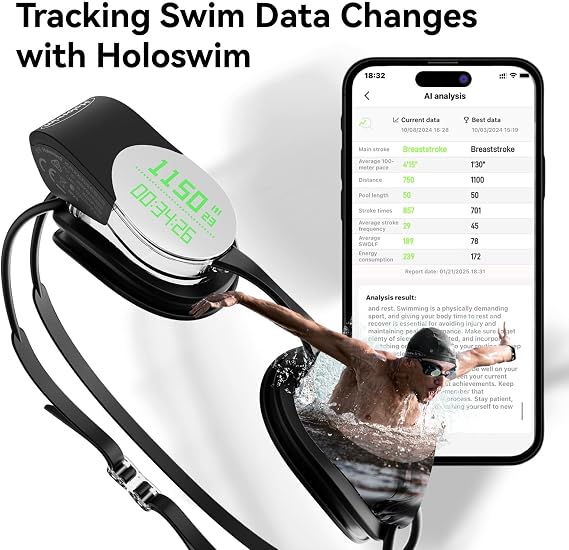Holoswim 2S Smart Swim Goggles, Digital Real-time Data Display Smart AR Goggles with AI Data Analysis APP, No Subscription, TUV Anti-Fog Lens, IP68 Waterproof Smart glasses for Pool & Open Water
