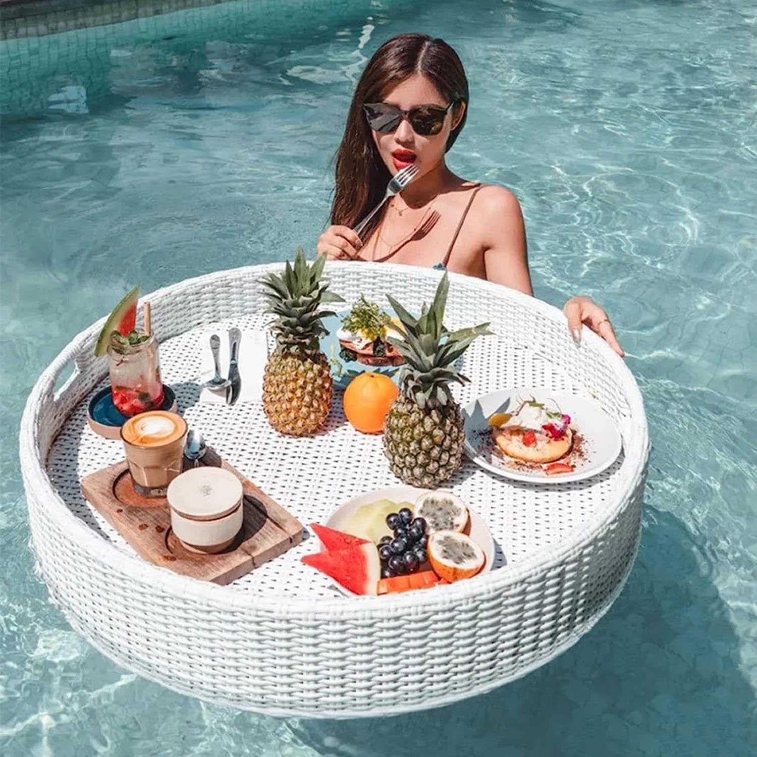 Plateau de Service tissé en rotin, Plateau Flottant pour Piscine, Porte-Boisson de Bar de 60 cm/80 cm, Plateau de Piscine pour salades et Glaces Flottant pour Le Camping et Les réunions de f
