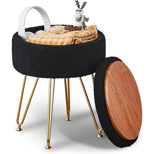 Wimarsbon Storage Ottoman, Round Footrest with Removable Cover & Adjustable Legs, Teddy Velvet Vanity Stool, Soft Padded Seat, Modern Decorative Accent Footstool or End Table for Hallway, (Black)