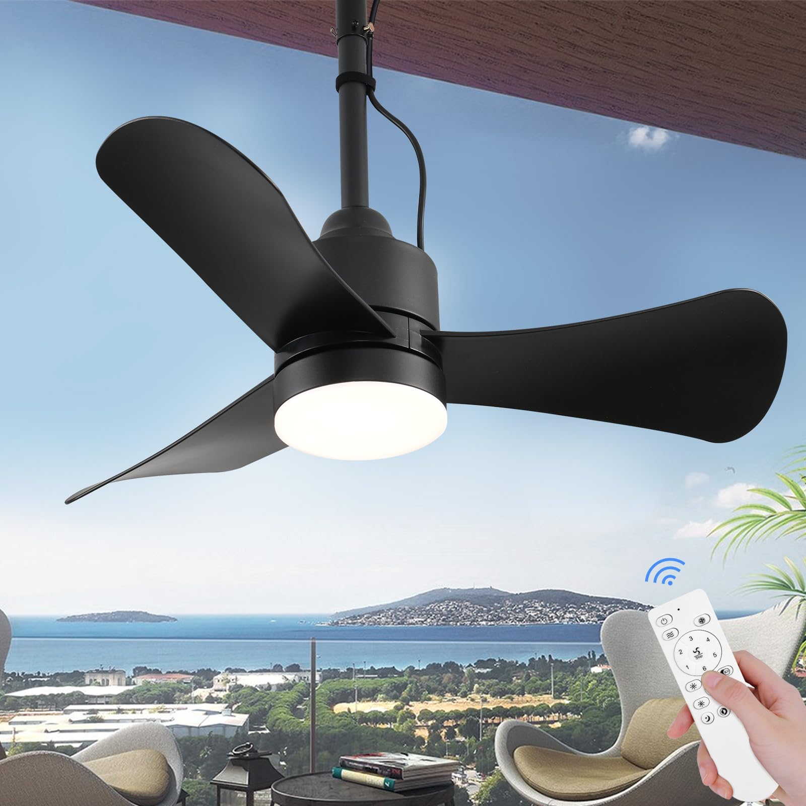 Gazebo Fan,32" Plug in Ceiling Fan with 3 Color LED Light,Waterproof Outdoor Hanging Fan,Outdoor Ceiling Fans for Patios,Gazebo,Pergola.Black