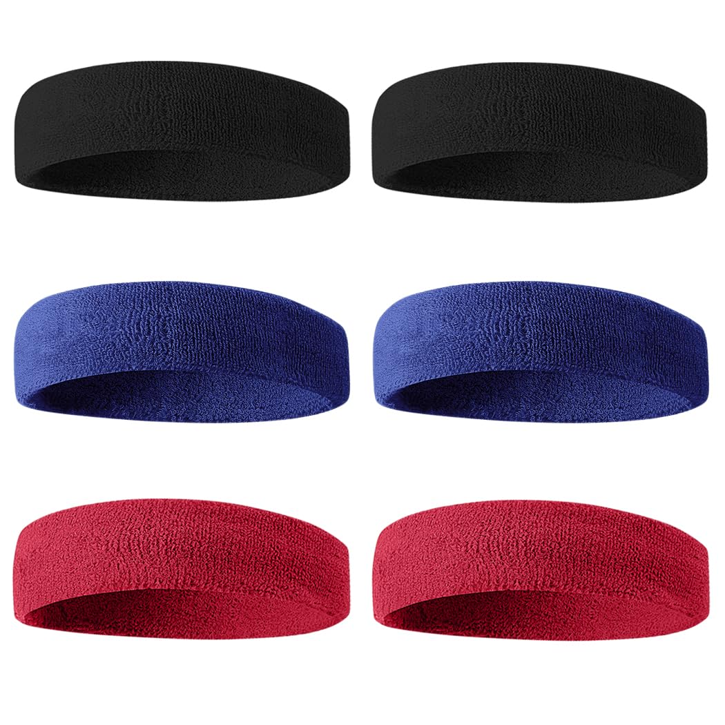 BEACE Sweatbands Sports Headband for Men &amp; Women - 6PCS Moisture Wicking Athletic Cotton Terry Cloth Sweatband for Tennis, Basketball, Running, Gym, Working Out