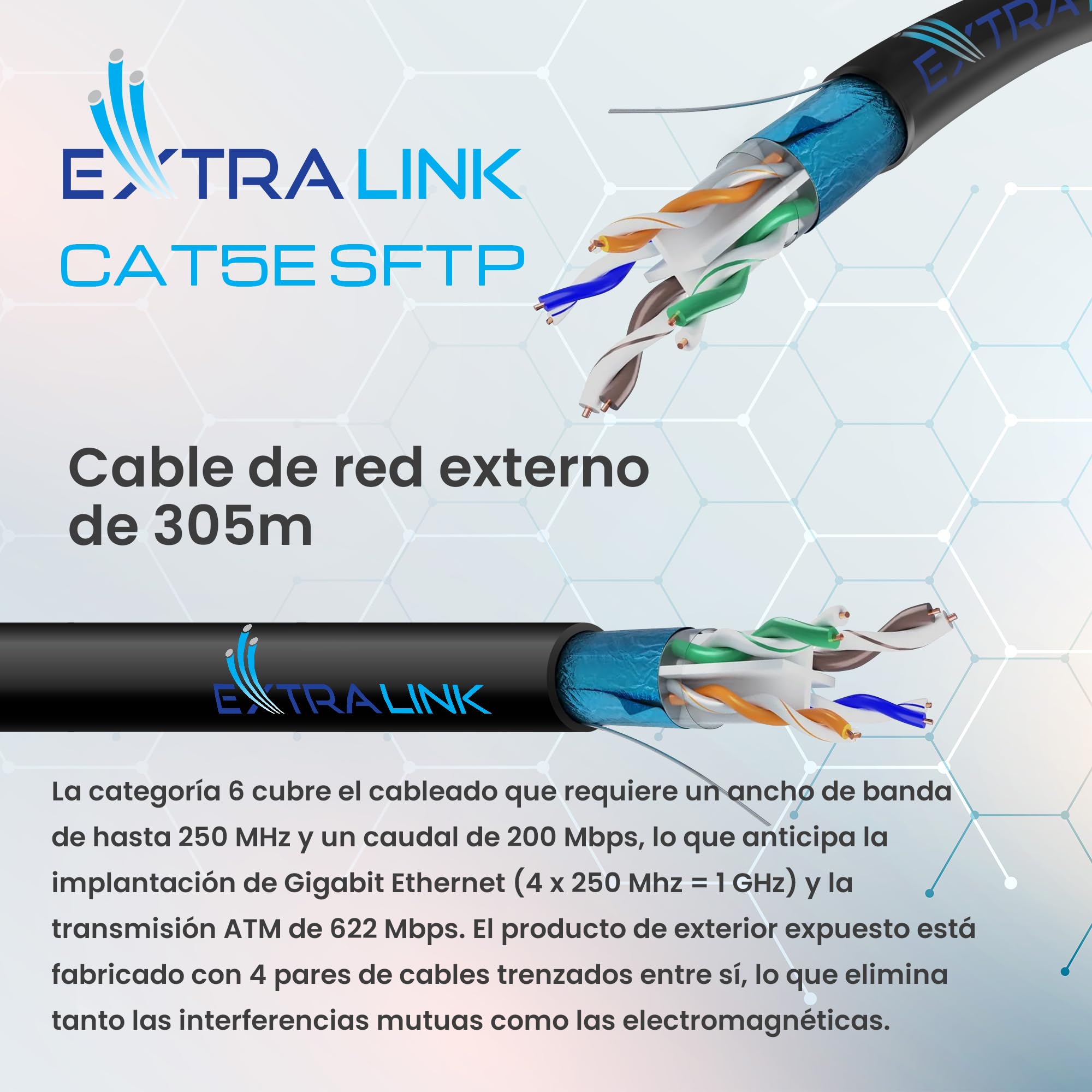 EXTRALINK Cable de red Cat 6 para exterior Cable FTP (F/UTP) Cable Ethernet Cat 6 Apantallado 305M 23AWG, Cable red Par Trenzado, Cable Rj45 Cat 6 Cobre, Cubierta exterior PE, Frecuencia hasta 250MHz