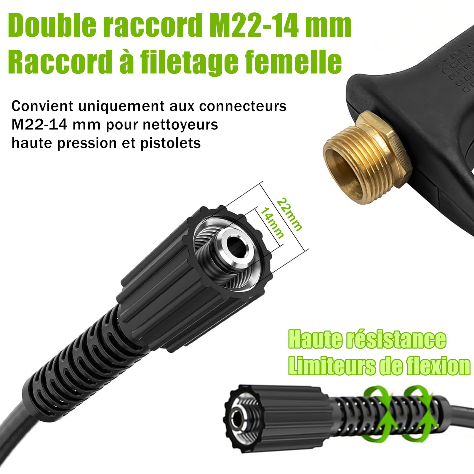 StoneBanks Tuyau d'extension pour Nettoyeur Haute Pression 10m, 2600 PSI M22-14 Femelle Flexible Tuyau de Rechange Haute Pression avec M22 Fileté Mâle Remplacement Connecteur pour Standard M22 HD