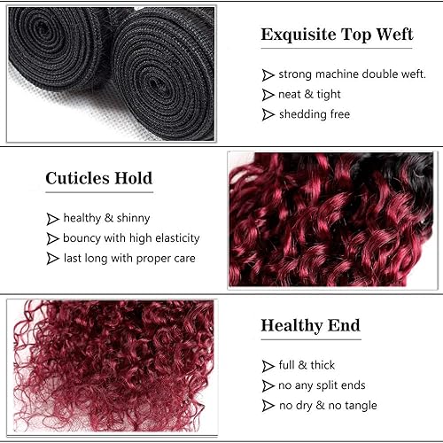 Miniatura 3 de 1b99j - Extensiones de cabello humano rizado color burdeos 1b99j, paquetes de cabello virgen brasileño Remy, paquetes de cabello rizado rojo de 30