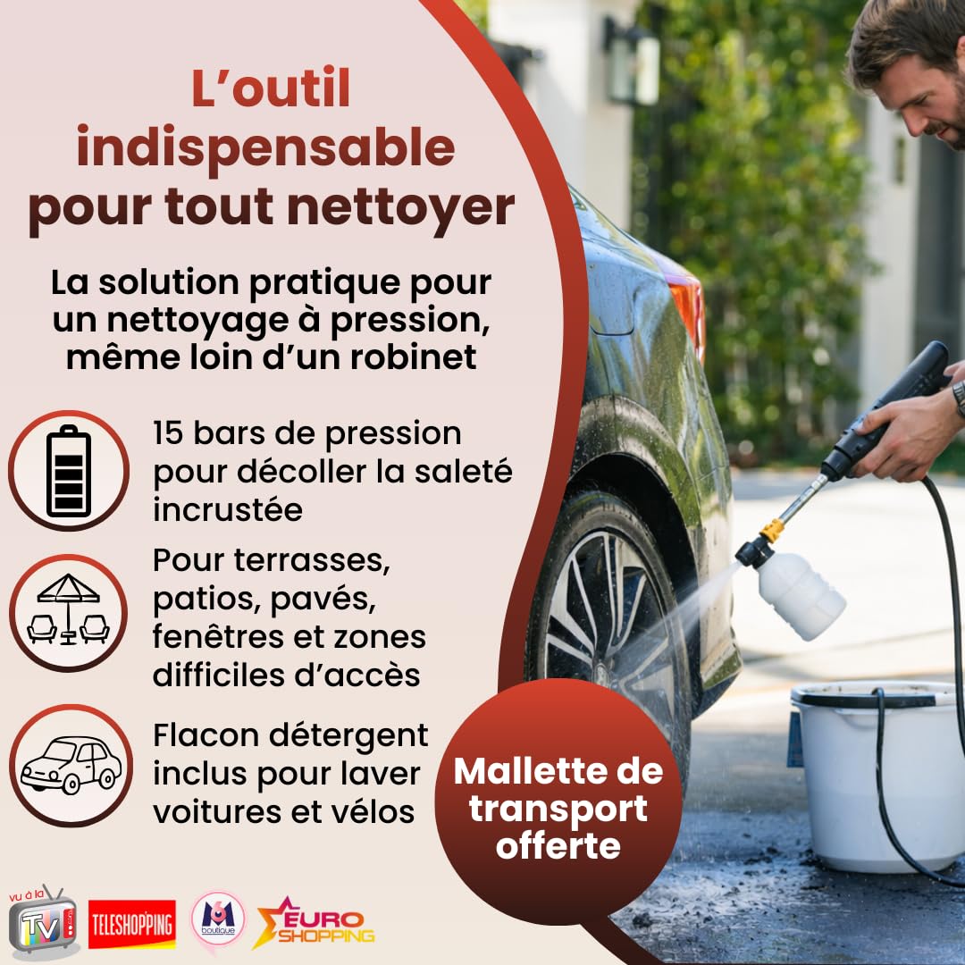 VENTEO Jet Hawk Nettoyeur Pression sans Fil | Batterie Rechargeable | Pistolet à Eau Jet Concentré Réglable | Accessoire Voiture pour Nettoyage Voiture Extérieur Carrosserie Jantes Surfaces