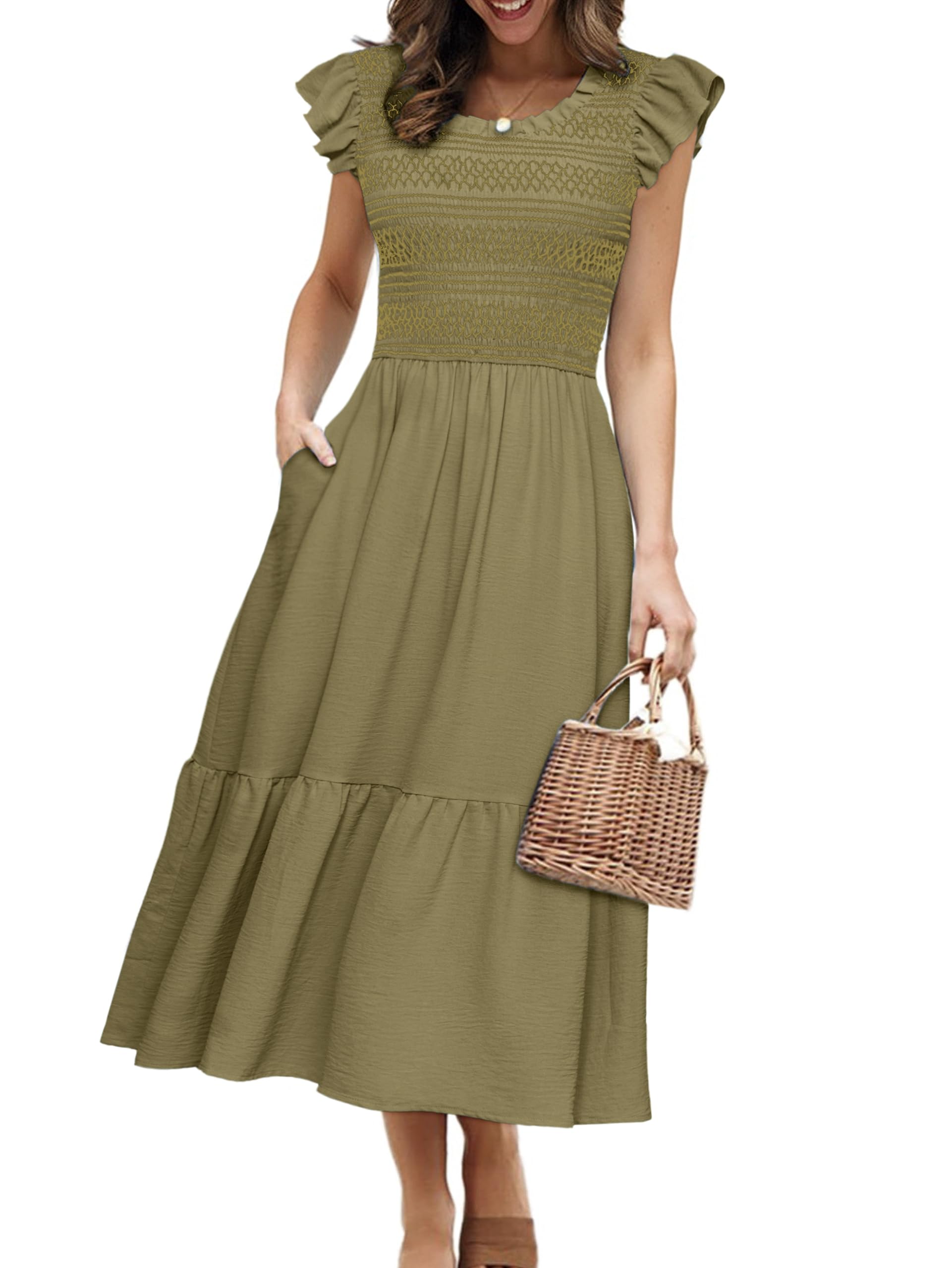 Simplee Womens Summer Midi Dress Casual Boho Smocked Waist Flutter Sleeve A Line Flowy Tiered Dress with Pockets