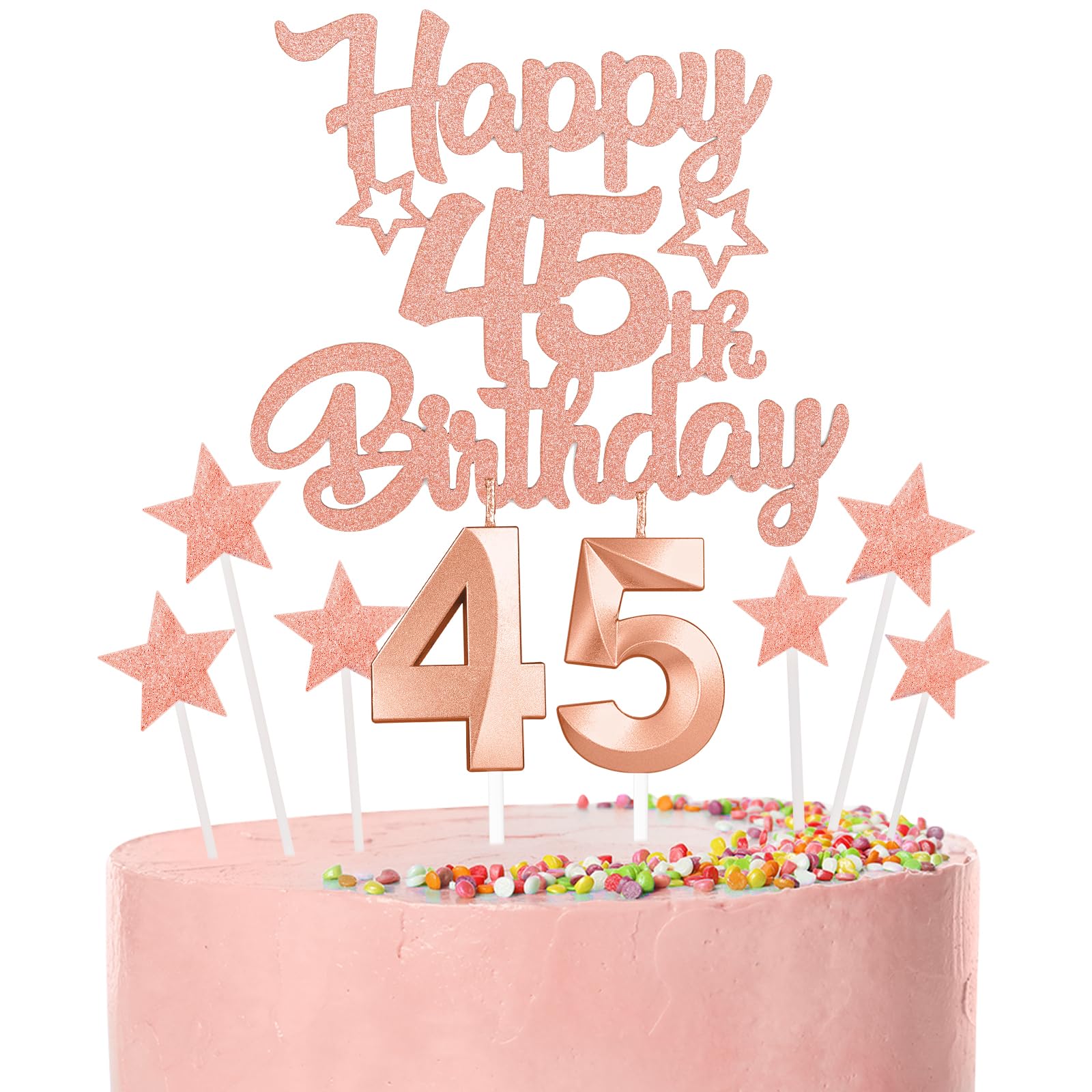 Rose Gold Happy 45th Birthday Candles Cake Topper Set,Rose Gold Number 45 Birthday Candles with Rose Gold 45th Birthday Cake Toppers Star Cupcake Toppers for Men Women Birthday Anniversary Decor