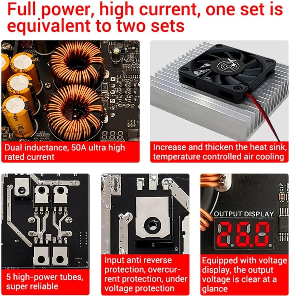 Audio Amplifier Power Supply Step Up Power Supply Module 1200W 50A Dual Inductor 10-30V to Vin-50V Adjustable Voltage Charger