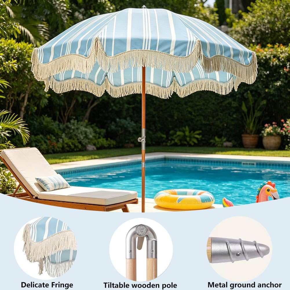 Boho Parasol Plażowy z Frędzlami 200 cm, Parasol Ogrodowy w Paski z Regulacją Nachylenia, Ochrona UV Wodoodporny do Basenu, Ogrodu i na Zewnątrz