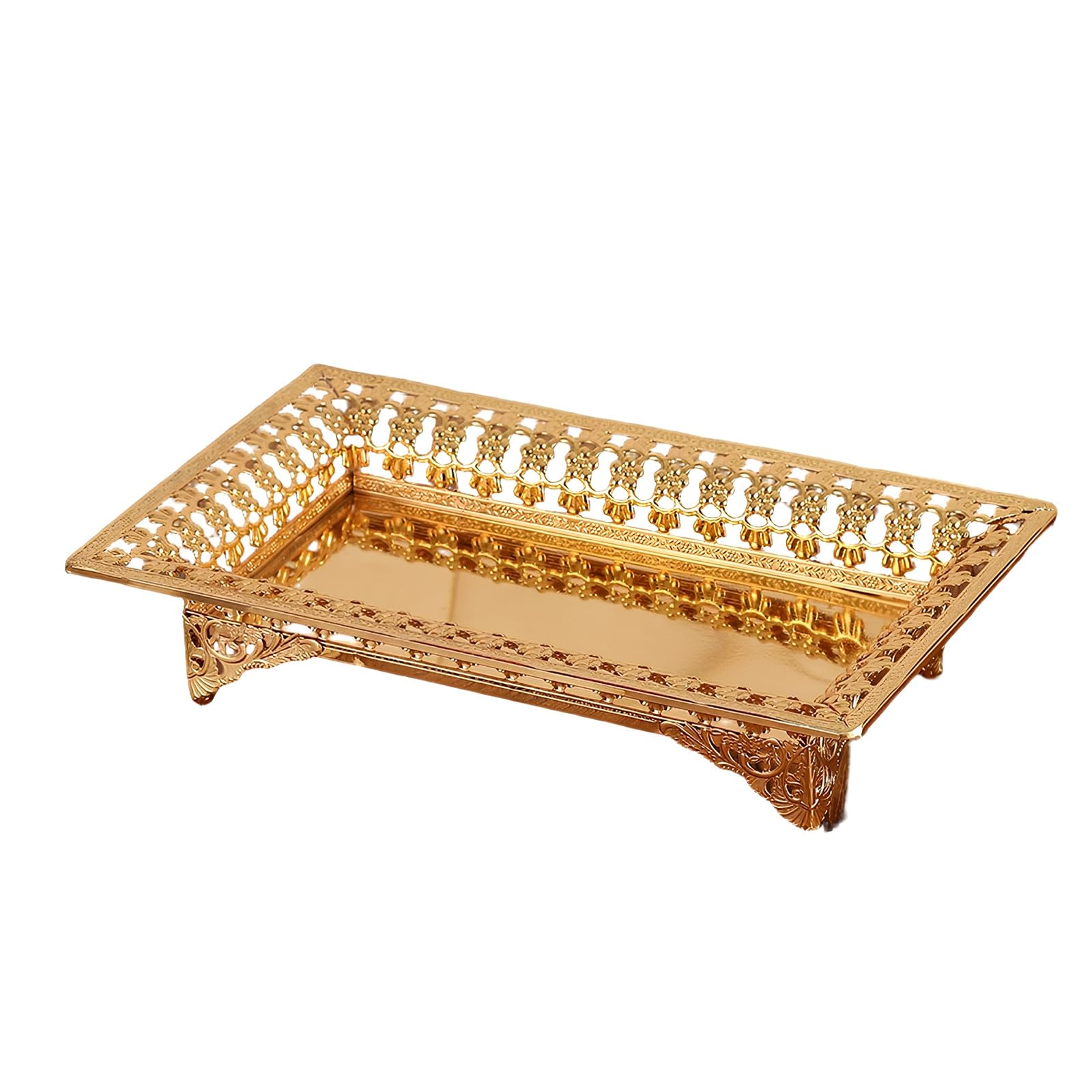 Tsophreniq Iron European Rectangular Serving Plate with Base Gold Hollow Out Fruit Tray for Festives Decors and Snacks Serving European Fruit Tray