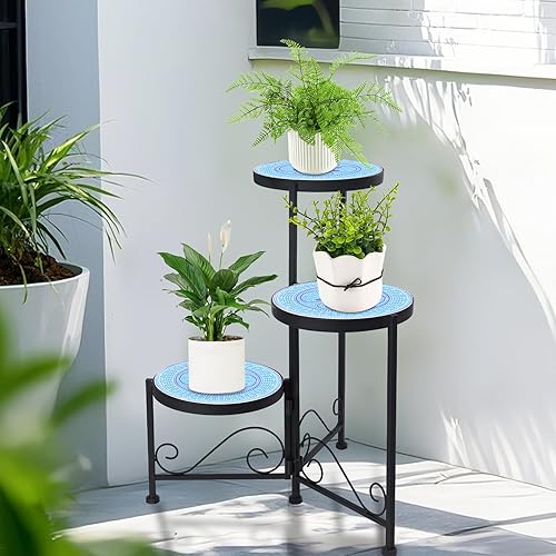 Miniatura 7 de Vipush Soporte para plantas de 3 niveles con parte superior de cerámica de mosaico, soporte plegable de 3 niveles, estante duradero para plantas de