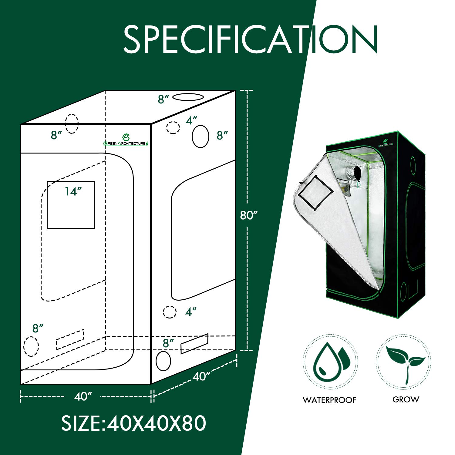 GA Growzelt 100x100x200 cm Anzuchtzelt Reflektierendes Mylar Hydrokultur Gewächshauszelt wasserdichter Bodenwanne Schwarz