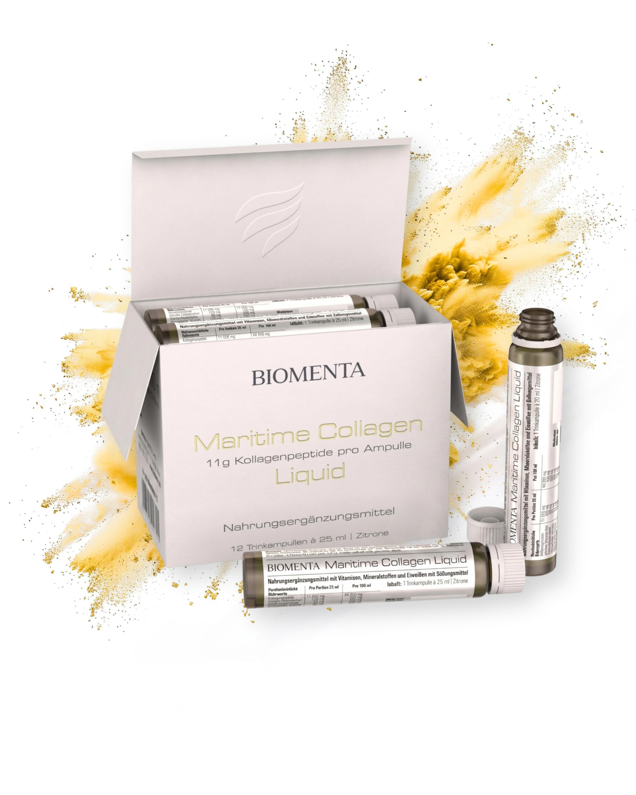 BIOMENTA Maritime Collagen Liquid I 12 Trinkampullen mit 25 ml Nährstoffkomplex pro Einheit I Hyaluron, Caviar Extrakt, Aloe Vera & 9 Vitamine I Nahrungsergänzungsmittel in laborgeprüfter Qualität