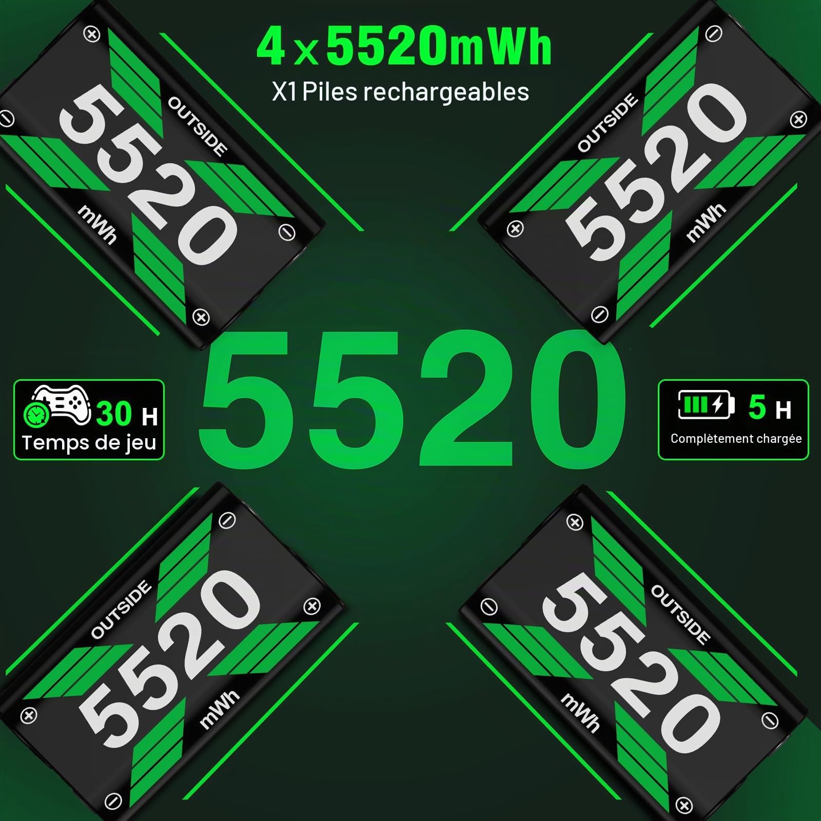 Lot de 4 batteries 5520 mWh pour manette Xbox Series X/Xbox Series S - Pour manette Xbox One/One S/One X/One Elite - Station de charge - Monnaie interne de jeu