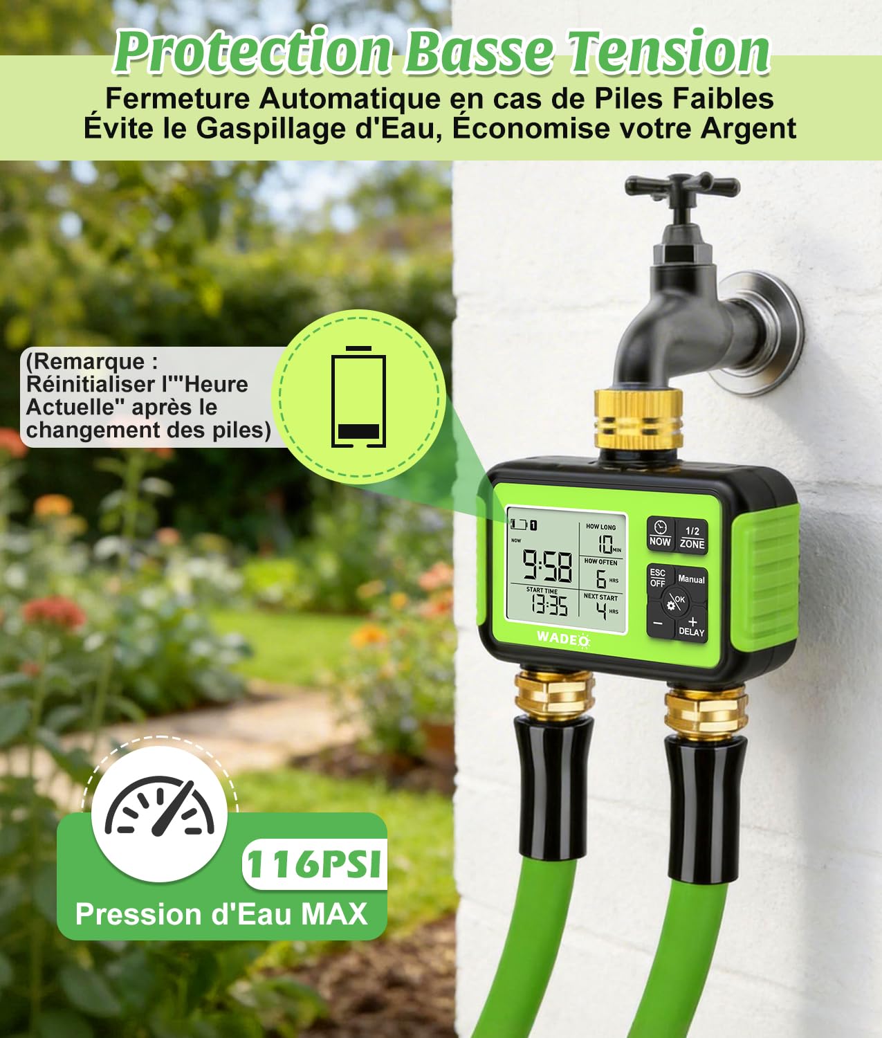 WADEO Programmateur Arrosage 2 Zones Indépendant – 2 Voies, Entrée/Sortie Laiton, Écran LCD, Modes Auto/Manuel/Délai Pluie/Verrouillage Enfant, Arrosage Automatique pour Jardin et Pelouse