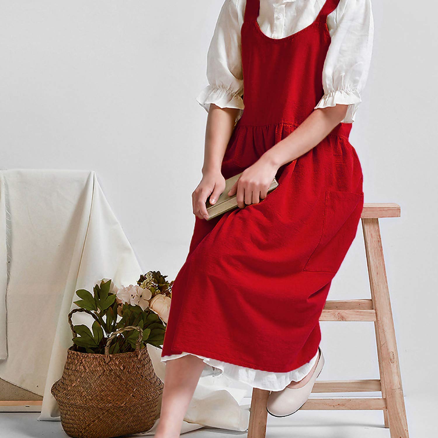 Uaussi Delantal de algodón y lino con espalda cruzada, delantal de trabajo para mujer con bolsillos, vestido de pinafore X Cruz Halter delantal para chef jardinería, Paquete de 2, rojo y blanco, talla