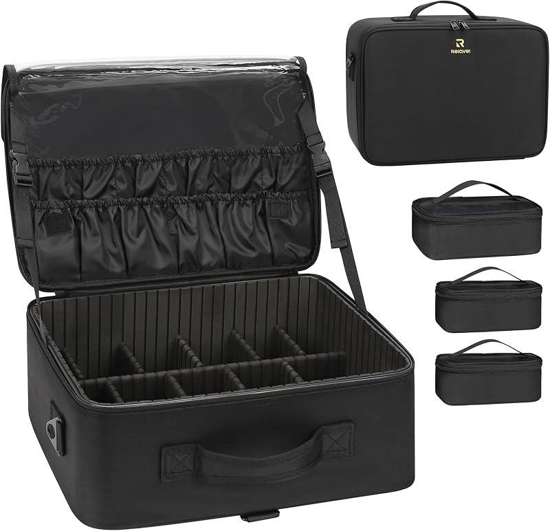 Relavel Maleta grande para maquiagem com divisórias ajustáveis e 3 bolsas transparentes, preta
