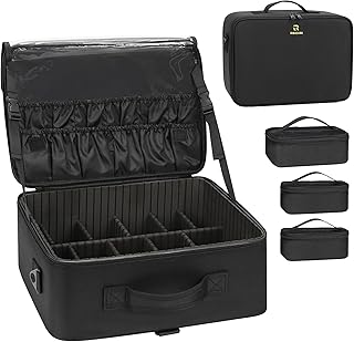 Relavel Large Makeup Case Travel Makeup Train Case Professional Makeup Artist Bag Portable Nail Organizer Box Art Supply Case with Adjustable Dividers (Black with 3 clear bags, Large)