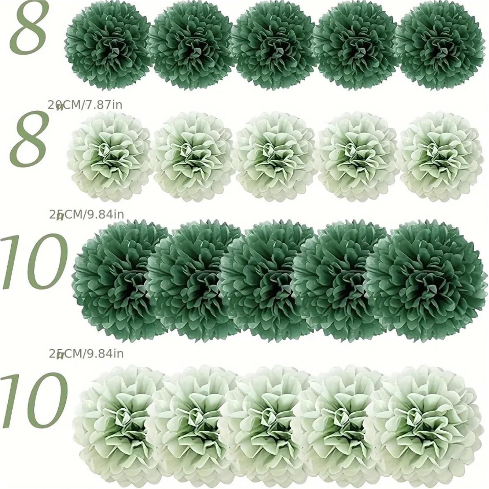 2er-Set elegante, blumenförmige Pompons aus Seidenpapier, grün-dunkelgrüner Farbverlauf, Partydekoration