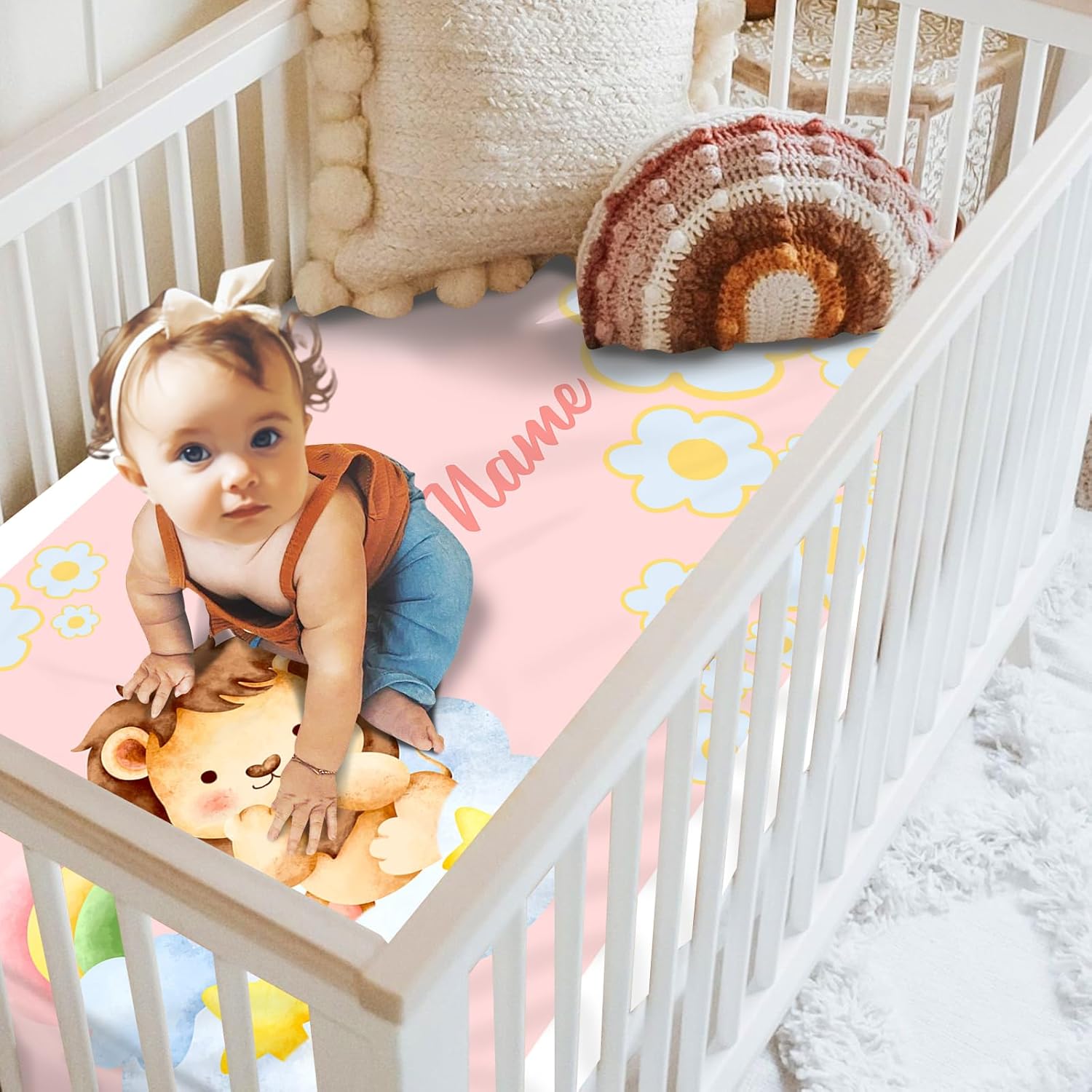 Personalized Girl Crib Bedding Set for Infant Baby: Custom Name Nursery Decor Rainbow Lion Pink Baby Blanket Fitted Crib Sheet Changing Pad Cover 3 Pcs(Fixed Size)