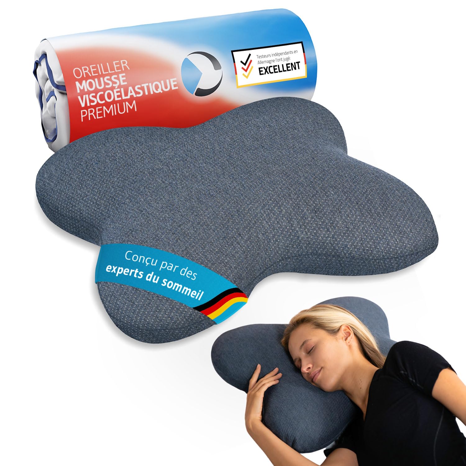 Oreiller cervical ACAMAR QuickDry à Mémoire de Forme pour dormeur latéral | Coussin ergonomique cervical idéal pour dormir sur le côté ou mi-côté ventre, housse avec thermorégulation et séchage rapide