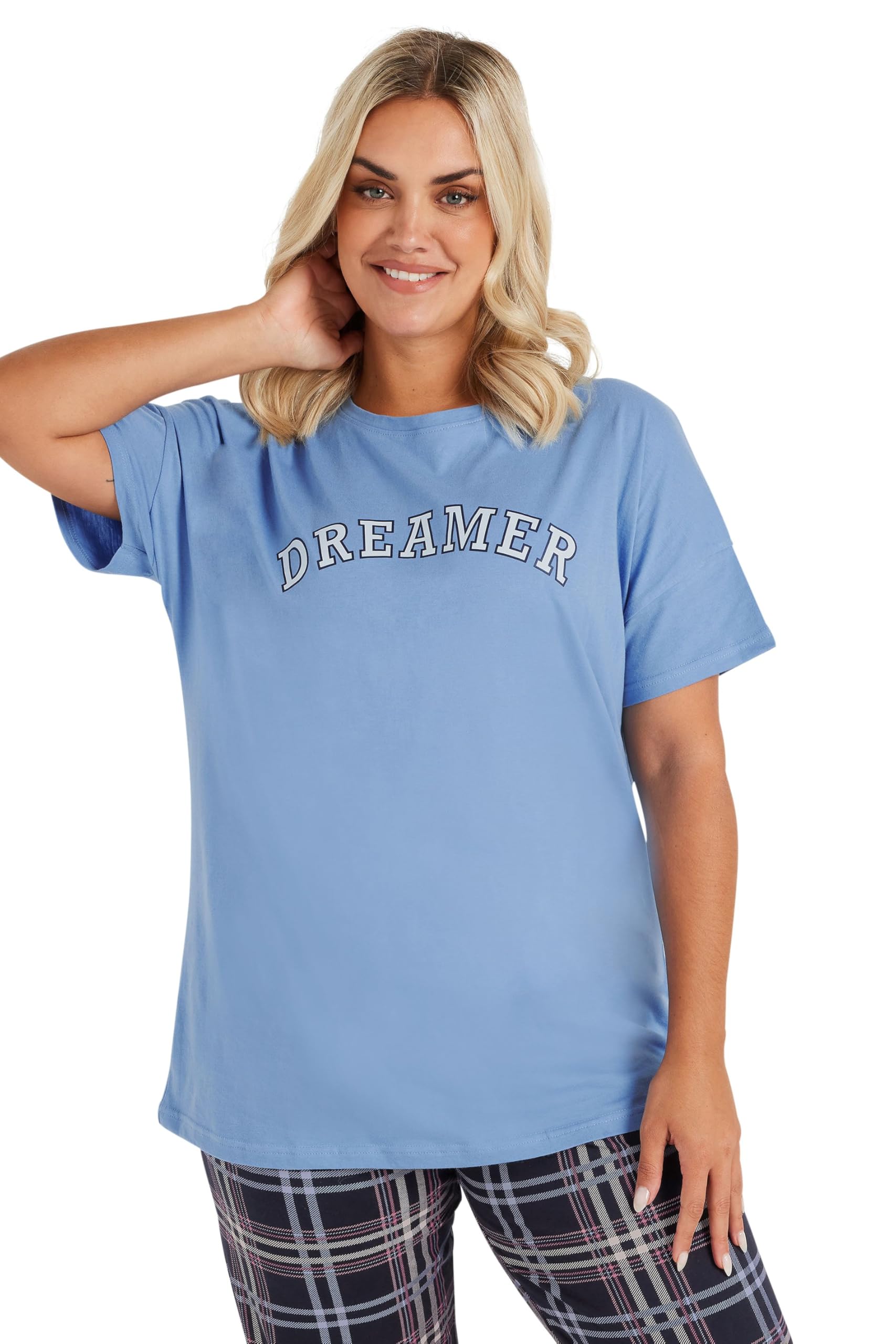 Yours Curve 'Dreamer' Slogan Pyjama Top - Women's - Plus Size Curve Blue